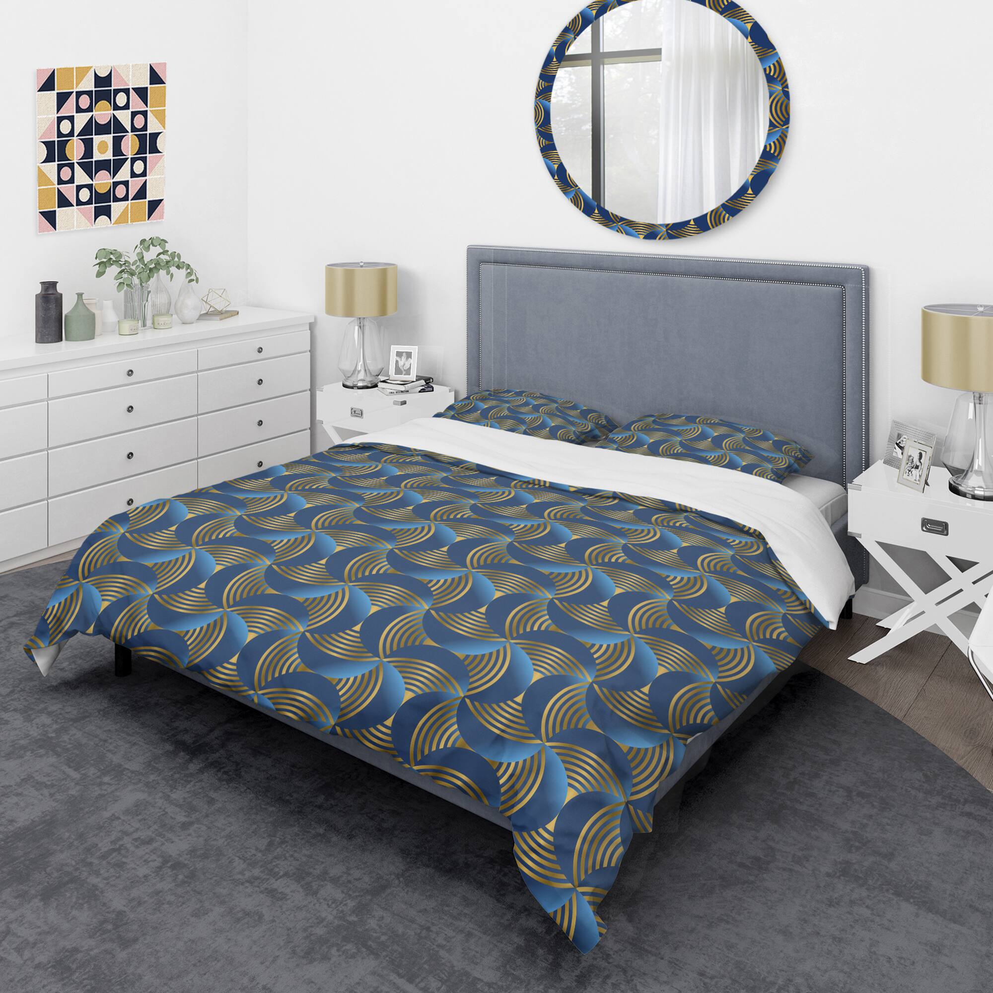 Designart 'Geometric abstract waves in gold and marine blue' Mid-Century Duvet Cover Set